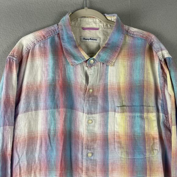 Tommy Bahama Linen Shirt Mens XXL 2XL Plaid Long Sleeve Button Up Beach Ombre - Picture 2 of 15